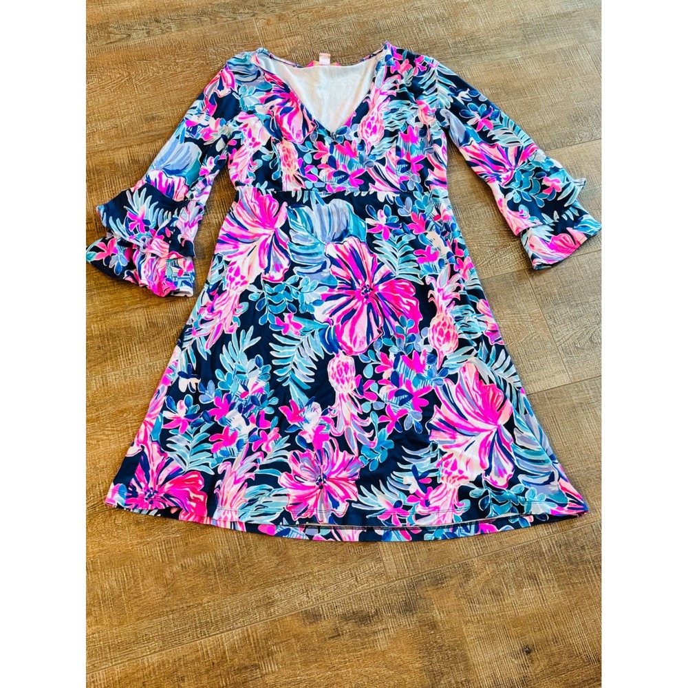 Lilly Pulitzer Floral V-Neck Dress Pink Blue Tropical Ruffle Sleeve Medium